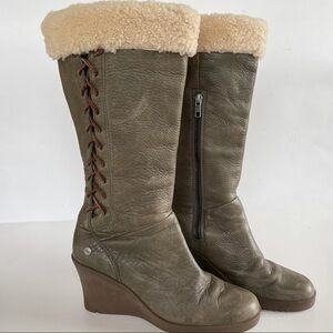 Ugg Felicity Boots Leather Sherpa Wedge Casual Comfort Outdoor Winter Green 8